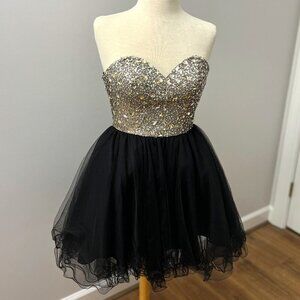 Eureka Black Gold Tulle Jewel Rhinestone Corset Strapless Dress Sz XS